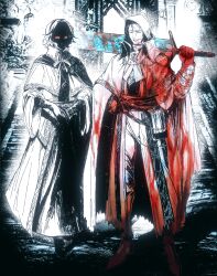 Rule 34 | 2boys, absurdres, architecture, armor, armor under clothes, blood, blood on clothes, blood on face, bloodborne, bloody weapon, blurry, blurry background, cape, capelet, character request, check gender, check weapon, chinese commentary, coif, collared cape, collared capelet, commentary request, full body, gauntlets, gender request, gothic architecture, greatsword, greaves, hand on own hip, highres, huge weapon, kalianabokalisi, looking at viewer, male focus, meme, moonlight greatsword, multiple boys, over shoulder, own hands together, red eyes, robe, shaded face, spot color, stairs, standing, sword, torn cape, torn clothes, weapon, weapon over shoulder, weapon request, why dis ninja look so mad (meme)