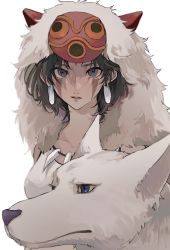 1girl animal aqua_eyes arms_at_sides bare_arms blurry breasts brown_hair closed_mouth collarbone commentary_request depth_of_field earrings expressionless eyebrows_hidden_by_hair facepaint facial_mark fur highres jewelry lips looking_at_viewer mask medium_breasts mononoke_hime necklace oj_0624 san_(mononoke_hime) short_hair sidelocks simple_background solo tank_top tooth_necklace unworn_mask upper_body white_background white_tank_top wolf