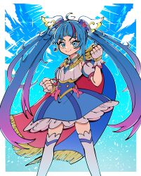 1girl absurdres blue_cape blue_dress blue_eyes blue_hair blue_sky bow brooch cape clenched_hands closed_mouth cloud cloudy_sky commentary cure_sky cut_bangs day detached_sleeves dress dress_bow earrings fingerless_gloves frilled_dress frills fringe_trim gloves gradient_hair hair_ornament highres hirogaru_sky!_precure jewelry kikukekosasi long_hair looking_at_viewer magical_girl multicolored_hair outdoors pink_bow pink_hair precure puffy_detached_sleeves puffy_sleeves red_cape short_dress single_sidelock sky sleeveless sleeveless_dress smile solo sora_harewataru standing streaked_hair thighhighs twintails two-sided_cape two-sided_fabric two-tone_dress two-tone_hair very_long_hair white_dress white_gloves white_thighhighs wing_brooch wing_hair_ornament
