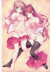 Rule 34 | 2girls, absurdres, amazuyu tatsuki, bare legs, bare shoulders, barefoot, black legwear, black panties, blue eyes, breast press, breasts, brown eyes, brown hair, unworn clothes, collarbone, feet, full body, highres, holding, komaki manaka, kousaka tamaki, long sleeves, looking at viewer, lying, medium breasts, multiple girls, navel, no shoes, official art, on back, open clothes, open mouth, panties, pink panties, pleated skirt, red hair, scan, skirt, smile, stomach, to heart (series), to heart 2, toes, underwear