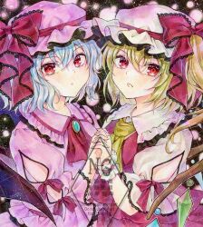 2girls :o alto2019 bat_wings blonde_hair blue_hair crystal_wings dress fang flandre_scarlet hair_between_eyes hat highres holding_hands looking_at_viewer medium_hair mob_cap multiple_girls neckerchief open_mouth pink_dress red_eyes red_neckerchief red_vest remilia_scarlet shirt short_sleeves siblings side_ponytail touhou traditional_media upper_body vampire vest watermark white_shirt wings wrist_cuffs yellow_neckerchief