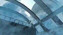 1girl absurdres artist_name baseball_cap black_hair blue_archive blue_halo cloud coat coat_partially_removed commentary_request fog from_below halo hands_in_pockets hat highres kani_etizen03 long_hair looking_up megastructure railing saori_(blue_archive) scenery sky solo twitter_username white_coat
