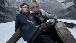 1boy 1girl 3d age_difference animated animated_gif blonde_hair blue_eyes boots cum gloves handjob hetero howlsfm jacket lowres penis resident_evil resident_evil_2 resident_evil_6 sherry_birkin short_hair shota snow tongue uncensored