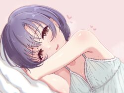 1girl bare_shoulders blush brown_eyes flat_chest heart highres idolmaster idolmaster_cinderella_girls looking_at_viewer lying nightgown on_side purple_hair shiragiku_hotaru short_hair smile solo sweat thewatchertmk upper_body