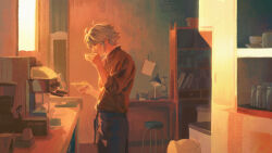 1boy absurdres alhaitham_(genshin_impact) alternate_costume bookshelf casual coffee_mug collared_shirt cup desk_lamp drinking espresso_machine genshin_impact grey_hair highres holding holding_cup indoors lamp looking_at_cup male_focus mug orange_shirt pants shi_(shi_zumii) shirt short_hair stool sunset