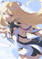 Rule 34 | 1girl, blonde hair, blue eyes, breasts, cartethyia (wuthering waves), crown of thorns, dress, grin, i a n, long hair, pointy ears, sideboob, small breasts, smile, solo, teeth, white dress, wuthering waves