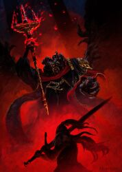1boy 1other alhin_row armor asymmetrical_horns elden_ring fire flaming_weapon full_armor greatsword highres holding horns male_focus mismatched_horns missing_eye mohg_lord_of_blood multiple_horns ornate_clothes polearm robe sharp_teeth stole sword tarnished_(elden_ring) teeth trident weapon yellow_eyes