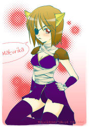 1girl 2000s_(style) 2003 animal_ears armor artist_name assassin_(ragnarok_online) bad_id bandages bandages_over_clothes blush breasts brown_eyes brown_hair cape cat_ears cat_girl cleavage closed_mouth expressionless eyepatch feet_out_of_frame hand_up leotard looking_at_viewer lowres medium_breasts pauldrons pink_background purple_cape purple_leotard purple_thighhighs ragnarok_online short_hair shoulder_armor solo tachibana_sakuya_(matsurika) thighhighs torn_cape torn_clothes waist_cape