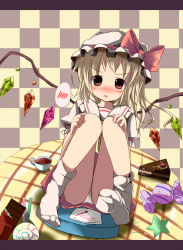 1girl :o blonde_hair blush bow cake cake_slice candy checkered_background chocolate female_focus flandre_scarlet food hat hat_bow highres kazura letter lollipop looking_at_viewer md5_mismatch panties pantyshot red_eyes scales sitting skirt socks solo speech_bubble spoken_blush star_(symbol) swirl_lollipop table touhou underwear upskirt white_panties wings
