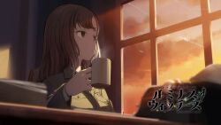 1girl brown_eyes brown_hair chair cloud cup grace_maitland_steward green_jacket highres holding holding_cup indoors jacket long_hair looking_to_the_side luminous_witches military military_uniform official_art on_chair paper shimada_fumikane sitting sky solo sunset table window world_witches_series