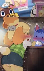 2boys 2girls animal_crossing animal_ears black_skirt blonde_hair blush dagasi dog_ears dog_girl dog_tail from_behind furry furry_female furry_male green_shirt hetero highres isabelle_(animal_crossing) multiple_boys multiple_girls nintendo panties plaid_clothes plaid_shirt pussy_juice raymond_(animal_crossing) rosie_(animal_crossing) shirt short_hair skirt sweat tail tom_nook_(animal_crossing) two-tone_fur uncensored underwear white_fur white_panties white_shirt yellow_fur