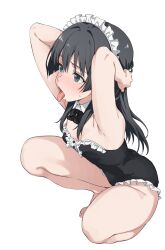 1girl armpits arms_behind_head arms_up bare_legs barefoot black_hair black_leotard blue_eyes blush bow bowtie breasts detached_collar drooling highres leotard long_hair maid maid_headdress maid_leotard open_mouth rauto saliva saten_ruiko solo squatting strapless strapless_leotard toaru_kagaku_no_railgun toaru_majutsu_no_index tongue tongue_out traditional_bowtie unconventional_maid