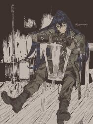 1boy baconepibaby black_coat black_eyes black_gloves black_hair black_shoes blue_eyes capelet coat fanghunt_office_(identity)_(project_moon) full_body gloves grey_capelet grey_pants hammer heterochromia highres hong_lu_(project_moon) limbus_company long_hair looking_at_viewer male_focus pants ponytail project_moon shoes simple_background sitting smile solo very_long_hair