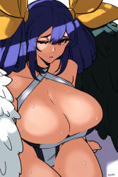 Rule 34 | 1girl, alecto 0, asymmetrical wings, black wings, blue hair, breasts, choker, cleavage, dizzy (guilty gear), feathered wings, guilty gear, guilty gear xrd, hair between eyes, hair ribbon, hair rings, highres, large breasts, mature female, monster girl, multicolored swimsuit, one-eyed, one-piece swimsuit, red eyes, ribbon, shadow, sitting, skindentation, sweat, sweatdrop, swimsuit, thick thighs, thighs, twintails, white wings, wings, yellow ribbon
