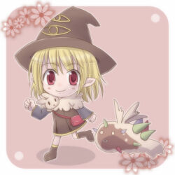 1girl alchemist_(ragnarok_online) blonde_hair blush boots brown_boots brown_dress brown_hat chibi chibi_only closed_mouth commentary_request dated_commentary dress eye_print flower full_body fur_collar hat looking_at_viewer lowres pink_background pink_flower pointy_ears ragnarok_online red_eyes running sharari short_hair smile solo vanilmirth_(ragnarok_online) witch_hat x_mouth