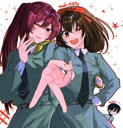 1boy 2girls absurdres black_hair brown_hair fsmaichobpeg0 grey_shirt highres kirishima_eriko long_hair medium_hair multiple_girls open_mouth persona persona_1 ponytail red_hair shirt short_hair smile sonomura_maki toudou_naoya upper_body