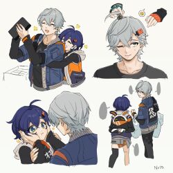 1boy 1girl ahoge artist_name bag bangboo_(zenless_zone_zero) belle_(zenless_zone_zero) belt black_shirt blue_eyes blue_hair blue_jacket bracelet brother_and_sister carrying crossed_bangs disembodied_hand earrings emoji eous_(zenless_zone_zero) face_hold fingerless_gloves gloves green_eyes grey_hair hair_between_eyes hair_ornament hairband highres holding holding_bag hug hug_from_behind jacket jewelry letter_hair_ornament metal_hairband mismatched_eyebrows nrso24944 orange_belt orange_gloves shirt siblings single_fingerless_glove smile speech_bubble sweatdrop turtleneck wise_(zenless_zone_zero) zenless_zone_zero