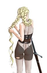 Rule 34 | 1girl, ass, bare shoulders, blonde hair, bodysuit, braid, breasts, chaesu, from behind, highres, large breasts, long hair, original, sheath, sheathed, sideboob, solo, sword, thighhighs, twin braids, very long hair, weapon
