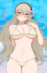 1girl absurdres alternate_costume arm_behind_back bikini black_hairband blonde_hair blue_sky blush breasts cleavage closed_mouth collarbone commentary_request day embarrassed female_corrin_(fire_emblem) fire_emblem fire_emblem_fates flower frown hair_between_eyes hair_flower hair_ornament hairband hand_on_own_chest hand_up highres large_breasts long_hair looking_at_viewer navel nintendo outdoors patty_ojisan pointy_ears red_eyes side-tie_bikini_bottom sideboob sky solo standing stomach swimsuit thighs underboob white_bikini