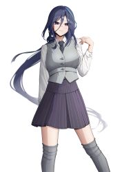 1girl absurdres alternate_costume black_necktie blue_hair breasts clorinde_(genshin_impact) commentary genshin_impact grey_socks grey_vest hand_up highres large_breasts light_smile long_hair looking_at_viewer mollra multicolored_hair necktie purple_eyes shirt simple_background skirt socks solo streaked_hair striped_clothes striped_skirt vertical-striped_clothes vertical-striped_skirt vest white_background white_shirt