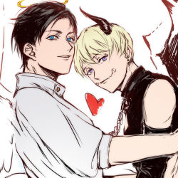 2boys angel_wings black_hair blonde_hair blue_eyes clothing_cutout demon_horns demon_wings halo heart horns inumaki_toge jujutsu_kaisen light_smile long_sleeves looking_at_viewer looking_away multiple_boys okkotsu_yuuta purple_eyes shirt shoulder_cutout smile white_shirt wings