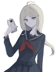 1girl ahoge akamatsu_kaede blonde_hair cellphone closed_mouth commentary_request danganronpa_(series) danganronpa_v3:_killing_harmony expressionless eyelashes hair_ornament hairpin highres holding holding_phone lll_shino long_hair long_sleeves looking_at_viewer muted_color phone pleated_skirt purple_eyes sailor_collar school_uniform sidelighting signature skirt smartphone solo upper_body white_background