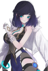 1girl absurdres aqua_eyes backless_dress backless_outfit blue_dress blue_hair breasts closed_mouth dark_blue_hair dice dna_jhin21 dress fur-trimmed_jacket fur_trim genshin_impact gloves highres jacket jacket_on_shoulders large_breasts looking_at_viewer medium_hair simple_background solo upper_body vision_(genshin_impact) white_background white_gloves white_jacket yelan_(genshin_impact)