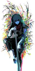 Rule 34 | 1other, absurdres, androgynous, armor, bandage player, black hair, blue skin, colored skin, deltarune, elbow gloves, foot out of frame, gloves, highres, holding, holding sword, holding weapon, knee pads, kris (dark world) (deltarune), kris (deltarune), looking at viewer, other focus, pauldrons, red eyes, shaded face, short hair, shoulder armor, sitting, solo, sword, weapon, white background, white gloves