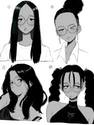 1girl blush dark_skin earrings glasses greyscale highres jewelry lip_piercing lip_ring looking_at_viewer monochrome ohasi original parted_bangs piercing round_eyewear twintails