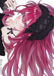 1girl absurdres baobhan_sith_(fate) bare_shoulders black_dress blush breasts cleavage dress fate/grand_order fate_(series) frilled_hairband frills goma_hyoka grey_eyes hairband highres long_hair long_sleeves looking_at_viewer medium_breasts pink_hair pointy_ears sidelocks solo