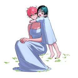 Rule 34 | 2girls, aged down, alien stage, barefoot, black hair, closed eyes, commentary request, dress, grass, green eyes, highres, hug, kyon (zmwh8222), long dress, mizi (alien stage), multiple girls, pink hair, short hair, short sleeves, sitting, sleeveless, sleeveless dress, sua (alien stage), very short hair, white dress