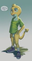 1boy apis blonde_hair bottomless brown_eyes dunsparce flaccid gen_2_pokemon hand_on_own_hip highres male_focus monster_boy nintendo pectoral_cleavage pectorals penis pokemon pokemon_(creature) shoes shota small_penis solo tail testicles