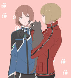 2boys animal arm_at_side black_cat black_gloves blonde_hair bob_cut brown_hair cat cheek_poking gloves high_collar highres holding holding_animal jacket kikuchihara_shirou long_sleeves looking_at_another male_focus multiple_boys parted_lips paw_print pocket poking profile red_background red_jacket short_hair sideways_glance simple_background tokieda_mitsuru uniform world_trigger yawai_tofu zipper
