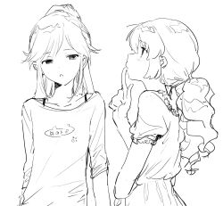 2girls aikatsu! aikatsu!_(series) bad_id bad_twitter_id finger_to_mouth greyscale highres hoshimiya_ichigo inactive_account index_finger_raised long_hair looking_at_another looking_up low_twintails monochrome multiple_girls open_mouth otoshiro_seira ponytail profile shirt short_sleeves simple_background suiso_(owp) twintails white_background