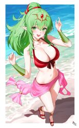 1girl absurdres beach bikini blush breasts cleavage collarbone dhokidoki fire_emblem fire_emblem_awakening fire_emblem_heroes from_above front-tie_bikini_top front-tie_top gold_choker green_eyes green_hair hair_ornament highres jewelry large_breasts long_hair looking_at_viewer navel nintendo ocean official_alternate_costume open_mouth outdoors pink_sarong pointy_ears ponytail red_bikini ribbon sarong sideboob skindentation smile solo swimsuit tiara tiki_(adult)_(fire_emblem) tiki_(adult)_(summering_scion)_(fire_emblem) tiki_(fire_emblem)