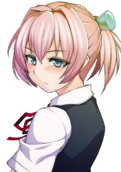 10s 1girl blue_eyes blush female_focus from_side hair_between_eyes hair_ornament kantai_collection kupala neck_ribbon pink_hair ponytail red_ribbon ribbon school_uniform shiranui_(kancolle) short_hair simple_background solo upper_body white_background
