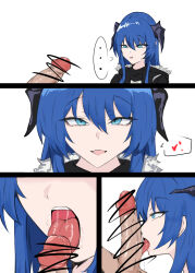 Rule 34 | ..., 1boy, 1girl, arknights, artist request, black horns, black jacket, blue eyes, blue hair, censored, close-up, demon girl, demon horns, fellatio, from side, hair between eyes, heart, hetero, highres, horns, jacket, just the tip, licking, licking penis, long hair, looking at penis, looking at viewer, mostima (arknights), multiple views, open mouth, oral, penis, saliva, sidelocks, simple background, smile, speech bubble, spoken heart, staring, tongue, tongue out, white background