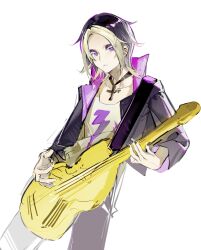 1boy black_hair black_jacket black_lemonade_cookie black_nails black_pants blonde_hair closed_mouth collarbone collared_jacket colored_eyelashes commentary cookie_run cookie_run:_kingdom cowboy_shot cross cross_necklace ear_piercing english_commentary expressionless eyeshadow genderswap genderswap_(ftm) guitar highres holding holding_guitar holding_instrument humanization instrument jacket jewelry lightning_bolt_print looking_at_viewer makeup male_focus multicolored_hair music nail_polish necklace open_clothes open_jacket pale_skin pants piercing playing_instrument purple_eyes purple_eyeshadow senlly_2507 shirt short_hair simple_background solo sparkling_eyes standing two-tone_hair white_background white_eyelashes white_shirt
