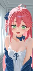 Rule 34 | 1girl, :3, :d, absurdres, ahoge, blue choker, blue jacket, breasts, choker, cleavage, double-parted bangs, fang, green eyes, hair between eyes, highres, hololive, jacket, long hair, looking at viewer, loungewear, maverick (mvk022), medium breasts, off shoulder, one side up, open mouth, pink hair, ribbon choker, sakura miko, smile, solo, upper body, virtual youtuber, white chemise