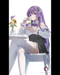 abroccoli absurdres artist_name black_ribbon black_skirt bow bowtie buttons choppy_bangs crossed_legs cup detached_sleeves double-breasted flower frilled_shirt frilled_sleeves frills hair_ribbon high-waist_skirt highres holding holding_cup holding_plate indie_virtual_youtuber long_hair mole mole_on_thigh on_chair otsuka_ray plate purple_bow purple_bowtie purple_eyes purple_hair ribbon shirt sidelocks sitting skirt sleeveless sleeveless_shirt teacup thighhighs vase virtual_youtuber watermark white_shirt white_thighhighs yellow_flower