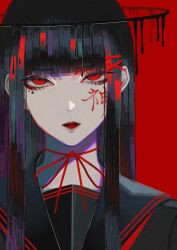 1girl black_hair eyeliner highres long_hair looking_at_viewer makeup mole mole_under_eye original red_background red_eyes red_lips red_ribbon ribbon syakemayusan