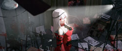 Rule 34 | 1girl, absurdres, arknights, ascot, bare shoulders, black ascot, black ribbon, blood, blood on face, blood on wall, blood stain, breasts, ceiling fan, ceiling light, chair, clothing cutout, concrete, cowboy shot, curtains, detached sleeves, dress, fish, from above, hair between eyes, highres, holding, holding staff, indoors, light particles, long hair, long sleeves, looking at viewer, medium breasts, navel cutout, off-shoulder dress, off shoulder, official alternate costume, paper, projector, red dress, red eyes, red sleeves, ribbon, ryeon (naturesan), skadi (arknights), skadi the corrupting heart (arknights), solo, spotlight, staff, standing, tripod, tropical fish, very long hair, white hair, wire