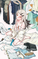 1girl bare_legs bare_shoulders barefoot breasts camisole collarbone colored_eyelashes commentary contrast_(idolmaster) earrings flipped_hair full_body gakuen_idolmaster gradient_hair grey_hair hajime_(idolmaster) highres idolmaster jewelry koukei_(idolmaster) long_hair looking_at_viewer multicolored_hair orange_eyes robe saber_qvq shinosawa_hiro sitting small_breasts solo strap_slip stud_earrings toes unworn_clothes wariza white_camisole white_robe