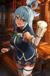 1girl 4others alcohol aqua_(konosuba) beer beer_mug blue_eyes blue_hair blue_skirt breasts cup detached_sleeves highres holding holding_cup kono_subarashii_sekai_ni_shukufuku_wo! looking_at_viewer medium_breasts mug multiple_others nasubin_(nasubisamurai15) sketch skirt smile solo thighhighs white_sleeves white_thighhighs zettai_ryouiki