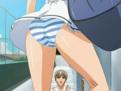 00s 1boy 1girl animated animated_gif anime_screenshot ass bag blue_striped_panties chain-link_fence day fence grey_hair lowres mizushima_asa outdoors panties saisho_hajime school_uniform solo_focus sora_no_iro_mizu_no_iro striped_clothes striped_panties thumbs_up underwear vanishing_point wind wind_lift
