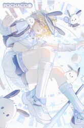 Rule 34 | 1boy, absurdres, ahoge, alternate costume, animal, animal hat, aotu world, arm warmers, backpack, bag, ball, bandaid, bandaid on knee, bandaid on leg, baseball (object), baseball bat, bishounen, black bag, black shorts, blonde hair, blue eyes, blue shirt, blush, chinese commentary, crop top, crossdressing, crossover, dog, dog hat, english text, full body, hair between eyes, hair ornament, hairclip, hat, highres, jacket, jumping, king (aotu world), lofter username, looking at viewer, male focus, midriff, navel, open clothes, open jacket, open mouth, pleated skirt, plutoray, pochacco, sanrio, shirt, shoes, short hair, short sleeves, shorts, skirt, smile, socks, solo, star (symbol), thigh strap, trap, twitter username, visor cap, white arm warmers, white jacket, white shoes, white skirt, white socks