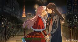 2girls absurdres aerial_fireworks bang_dream! bang_dream!_it&#039;s_mygo!!!!! black_coat brown_hair capelet chaluo11 chihaya_anon coat commission eye_contact fang fireworks forehead_blush fur-trimmed_capelet fur-trimmed_skirt fur_trim grey_eyes hand_on_another&#039;s_head highres holding_another&#039;s_wrist long_hair long_sleeves looking_at_another multiple_girls nagasaki_soyo night open_mouth outdoors parted_lips railing red_capelet red_skirt red_sweater sidelocks skirt sweater tokyo_tower watermark weibo_watermark yuri