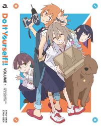 :d :t ^_^ animal animal_on_head animal_on_lap apron bandaid bandaid_on_cheek bandaid_on_face bandaid_on_nose belt black_belt black_eyes black_hair blu-ray_cover bob_cut box brown_dog brown_hair cat cat_on_lap closed_eyes closed_mouth collared_shirt colored_inner_hair copyright_name cover do_it_yourself!! dog drill english_text engrish_text facing_viewer fang flip-flops full_body glasses green_eyes hand_on_own_hip hand_up head_tilt hikage_takumi holding jellyfish kurage-san long_hair long_sleeves looking_at_viewer meat_(do_it_yourself!!) multicolored_hair official_art on_head on_lap open_mouth orange_hair pig pink_sandals pleated_skirt pochi_(do_it_yourself!!) power_drill power_tool purple_hair ranguage sandals sanpaku scrunchie shirt shoes short_hair skin_fang skirt smile sneakers squatting standing sunglasses suride_miku tama_(do_it_yourself!!) white_cat white_footwear white_shirt wood wrist_scrunchie yasaku_rei yua_serufu