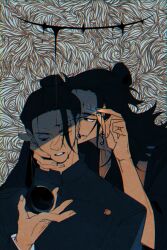 black_hair black_kimono emaxx getou_suguru getou_suguru_(kenjaku) japanese_clothes jujutsu_kaisen kimono long_hair long_sleeves looking_at_another monk stitches