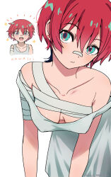 1girl :/ amate_yuzuriha aqua_eyes bandaged_arm bandaged_chest bandages bandaid bandaid_on_face bandaid_on_nose bent_over bhachi88888888 blush breasts closed_mouth collarbone commentary crescent crescent_earrings cropped_torso double_strap_slip earrings gundam gundam_gquuuuuux hair_between_eyes highres hospital_gown jewelry large_breasts looking_at_viewer multiple_views notice_lines open_mouth red_hair romaji_text short_hair simple_background smile twitter_username white_background
